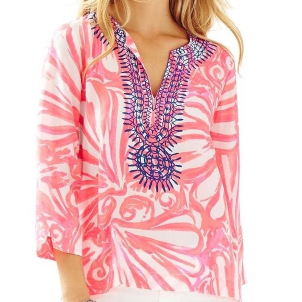 Lily Pulitzer Amelia Island Silk Tunic Blouse Pink White Size Small